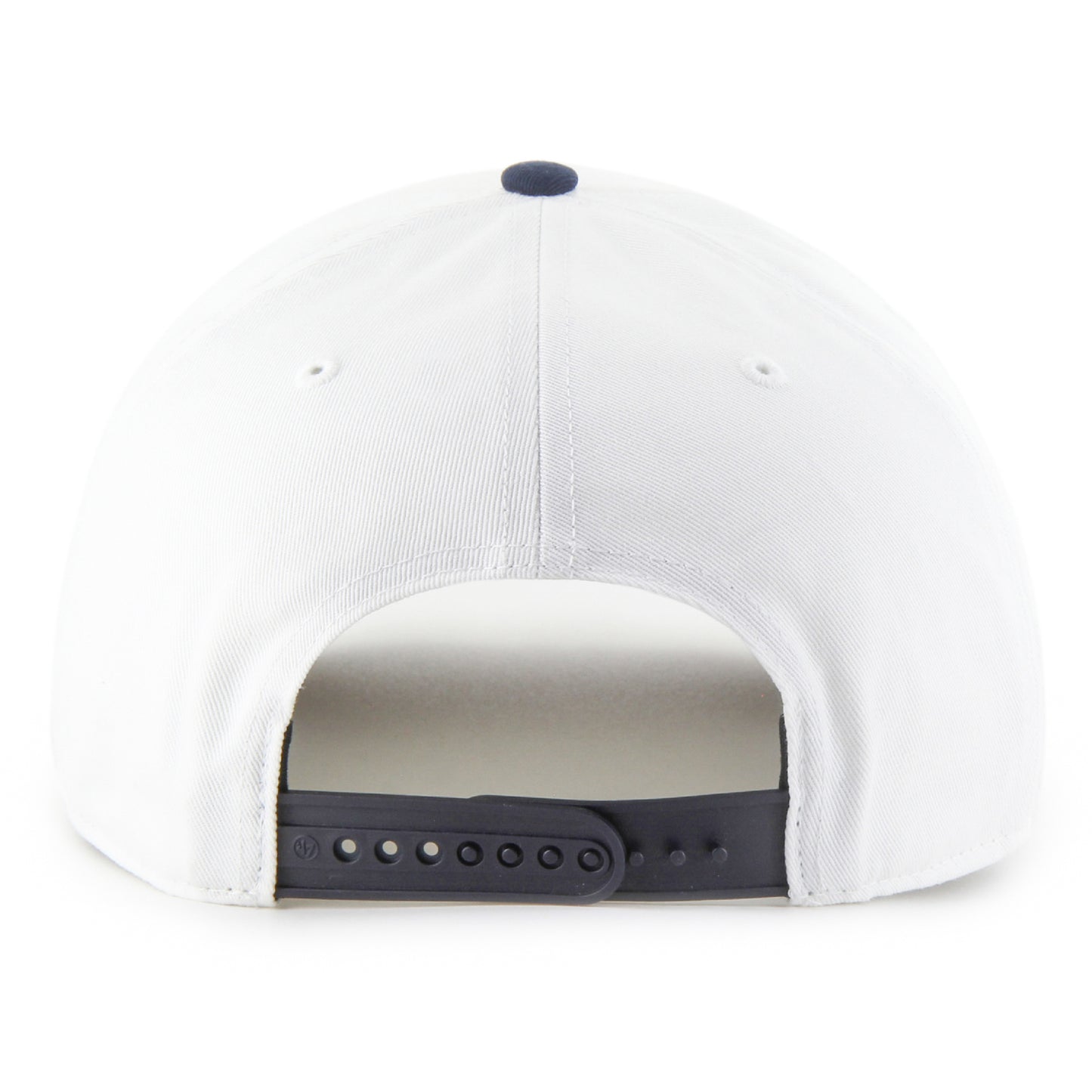 White hat with a navy snapback on a white background, back view