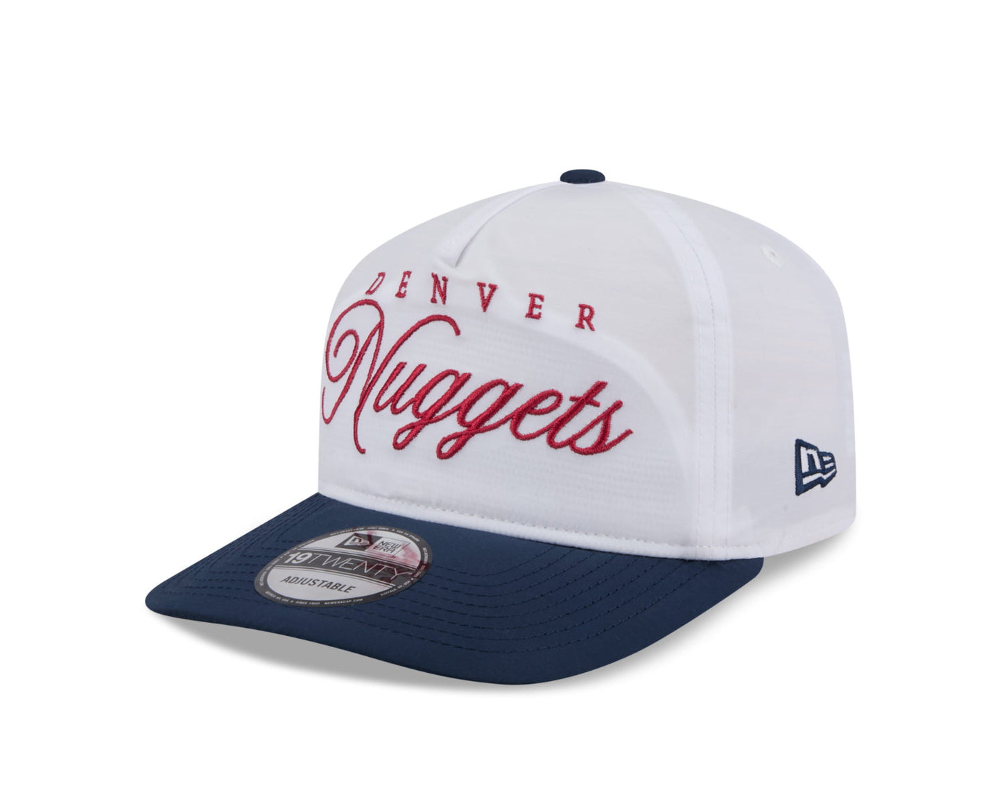 Hat for the 2025 draft, showcasing the Denver Nuggets logo in New Era's newest style 19Twenty design. White cap with navy bill, red script Denver Nuggets