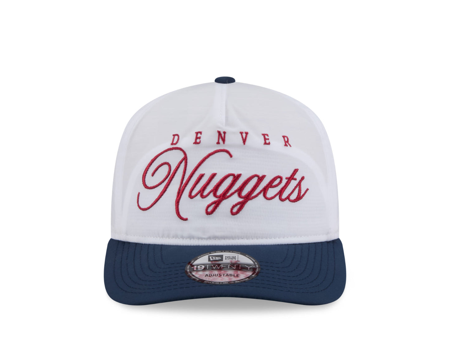 Hat for the 2025 draft, showcasing the Denver Nuggets logo in New Era's newest style 19Twenty design. White cap with navy bill, red script Denver Nuggets