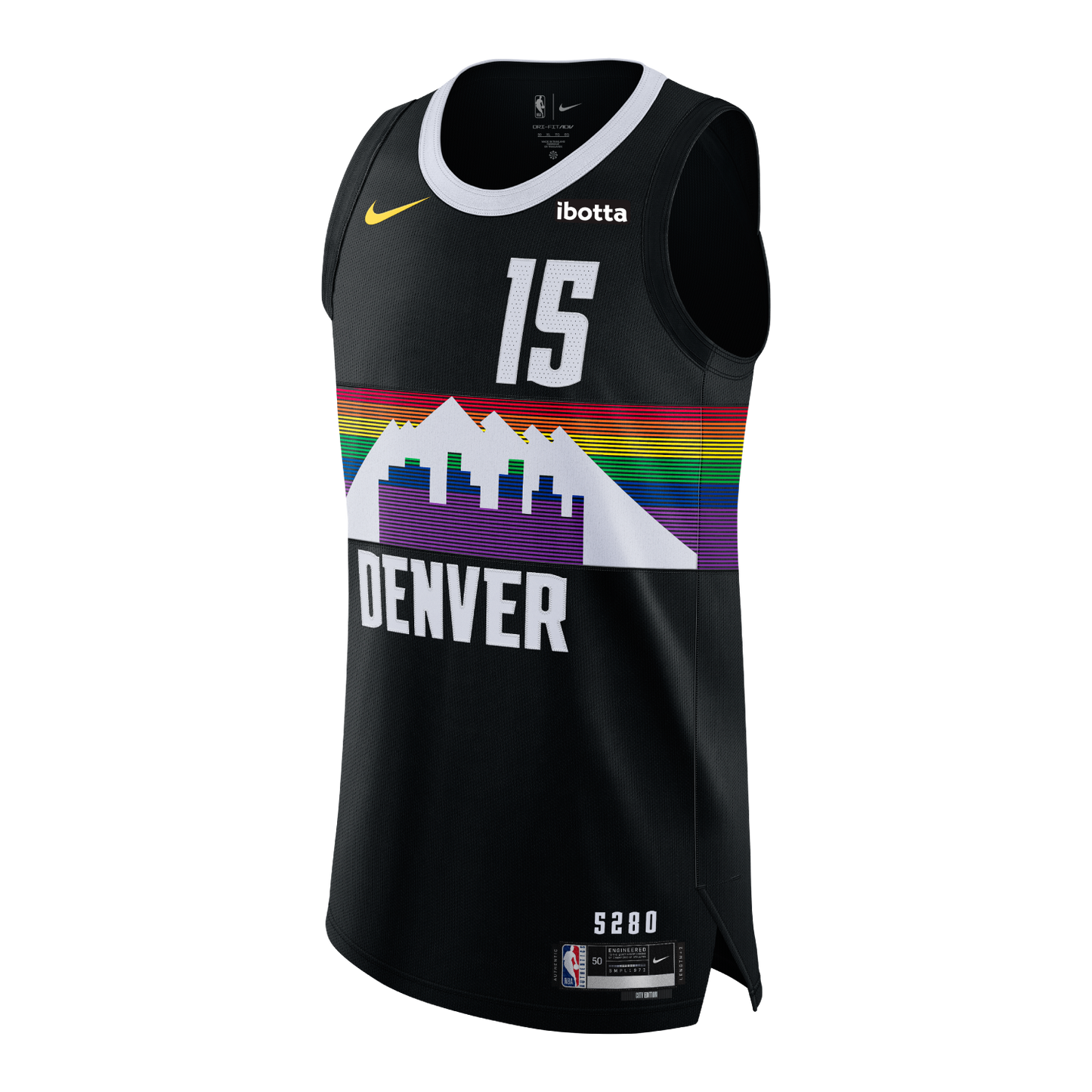 Front view of a black basketball jersey with rainbow stripes and 'DENVER' and number '15' in white, IBOTTA patch in white font above the '15' on the left chest, yellow Nike Swoosh on right chest