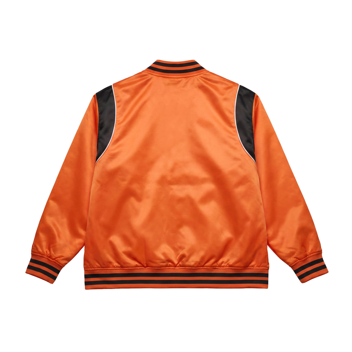 The back view of a satin bomber jacket in bright orange, featuring black shoulder panels and black striped ribbing on the collar, cuffs, and hem.