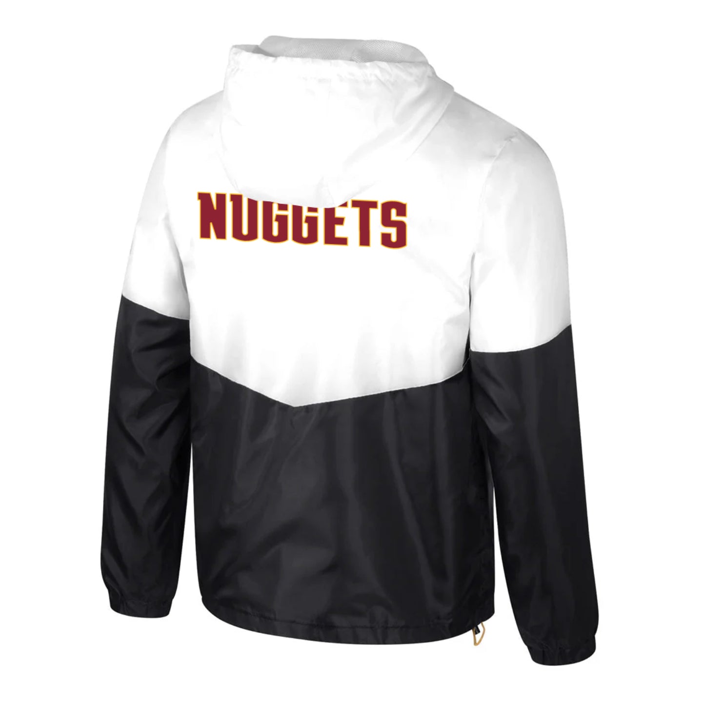 Front left view of a half white and half black full zip jacket. Nuggets wordmark in crimson trimmed in yellow in the middle just behind the hood.