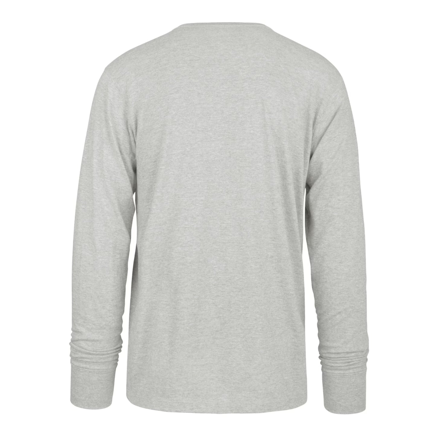 Back view of a heather grey long sleeve t-shirt.