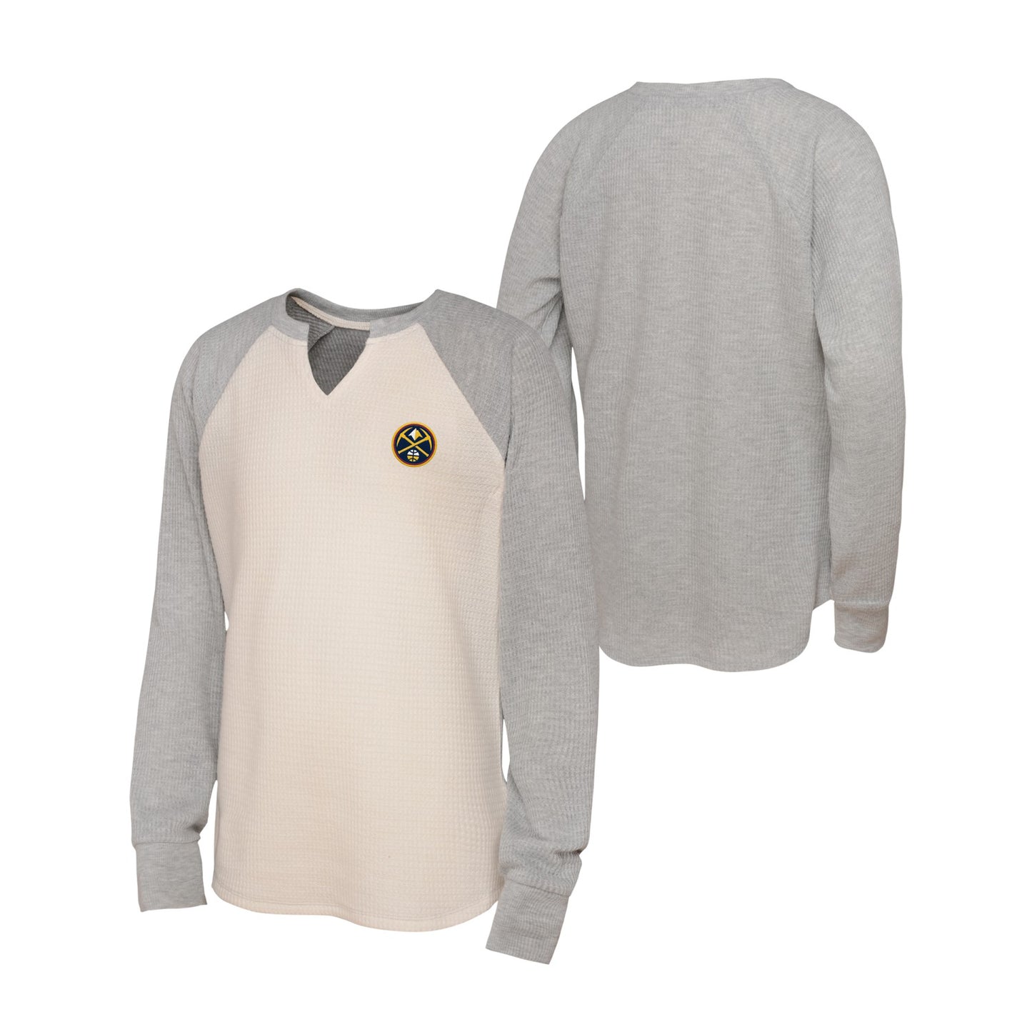 Both the front and back views of a women's long-sleeve Denver Nuggets shirt. The front of the shirt features a light cream torso with a small circular team logo patch on the left chest, heather gray raglan sleeves, and a split V-neck. The back of the shirt, shown positioned slightly behind, is entirely heather gray with a curved drop-tail hem