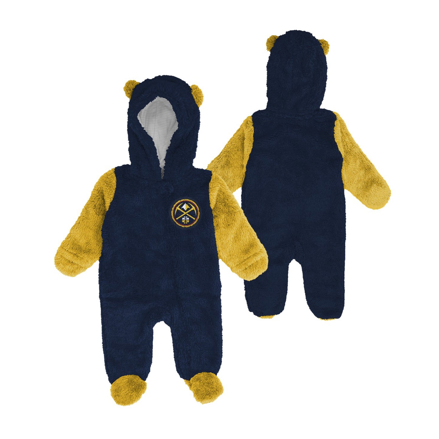 Both front and back views of a navy blue and gold fleece infant bodysuit. The larger front-facing suit is positioned slightly ahead of the rear-facing suit. The bodysuits feature a dark navy blue torso and hood contrasted by fuzzy golden-yellow sleeves, feet, and tiny decorative ears attached to the top of the hood.