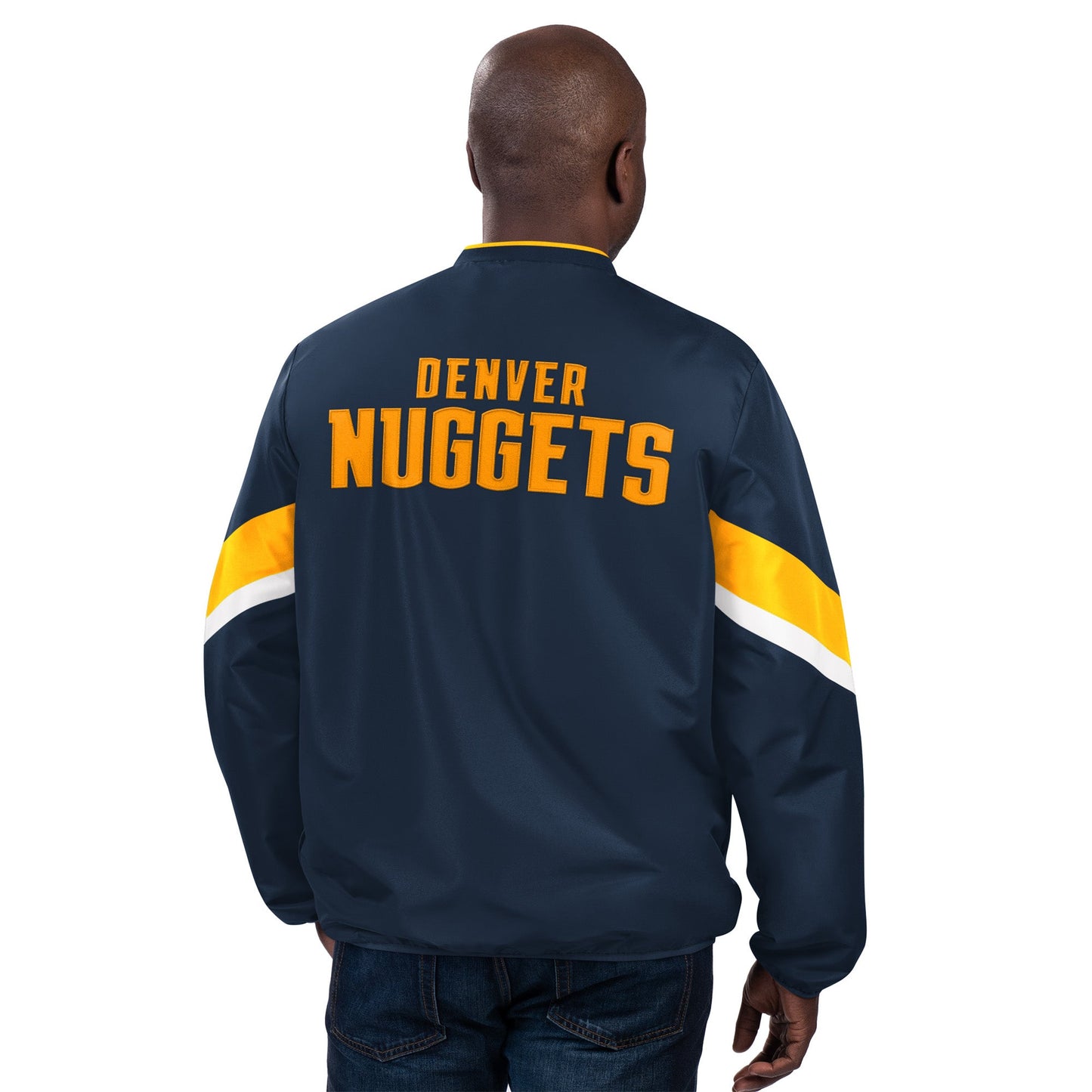 The back of the pullover says "Denver Nuggets" in yellow block letters.