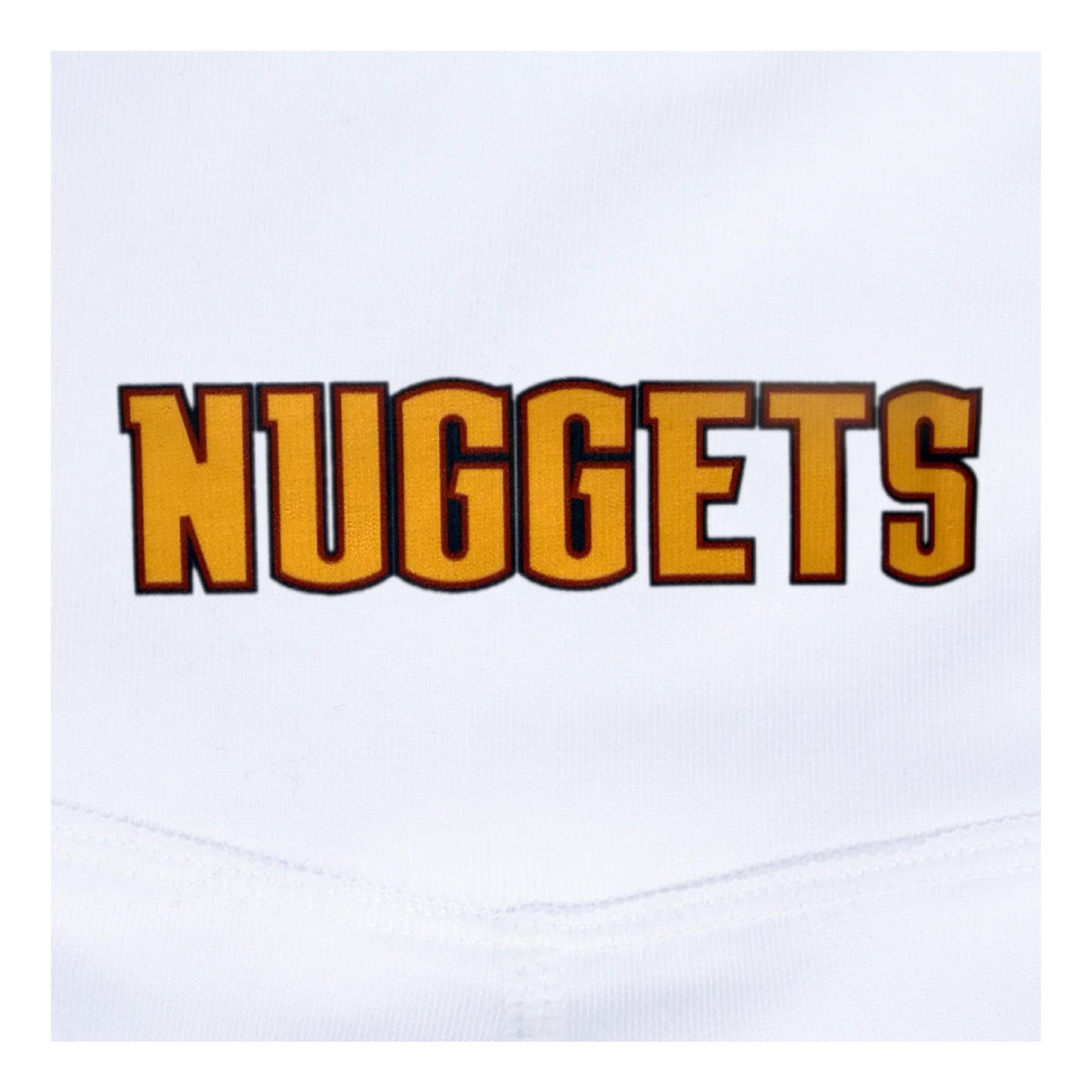 Up close view of the Nuggets wordmark screen printed on upper middle waist of the leggings.
