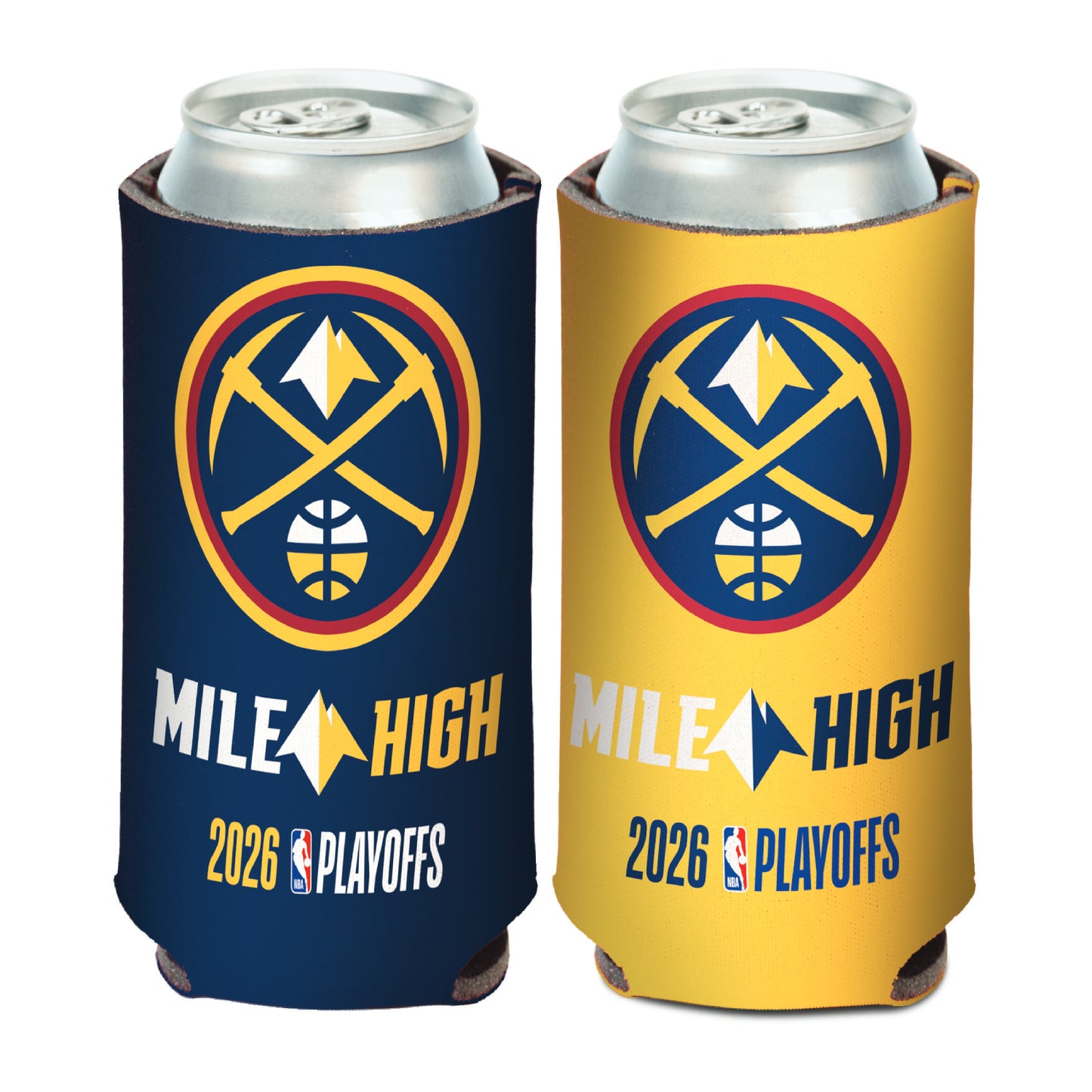 Front and back view Denver Nuggets 2026 NBA Playoffs can coolers side-by-side holding silver aluminum cans. The left cooler is navy blue and the right cooler is yellow, both featuring a large team logo, 'MILE HIGH' with a mountain graphic, and '2026 PLAYOFFS' at the bottom.