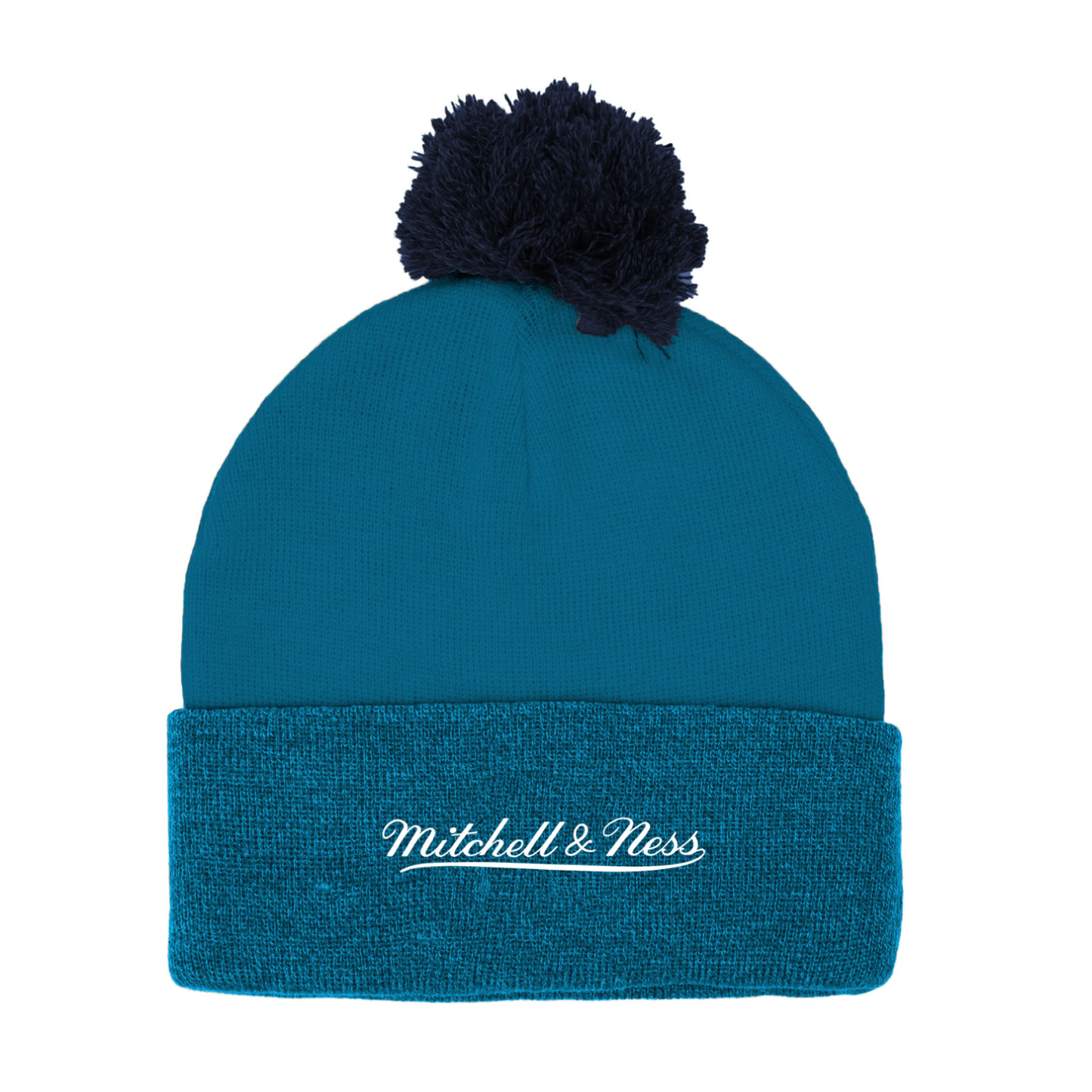 Blue beanie with pom-pom and 'Mitchell & Ness' logo on a white background