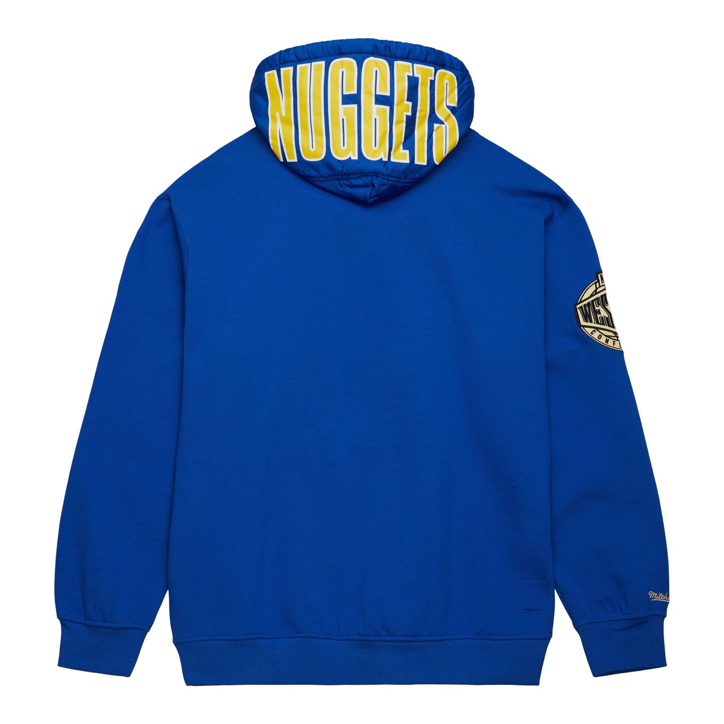 The back is blank with "Nuggets" written in yellow block nuggets on the hood.