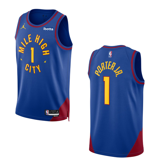 Royal Blue Nuggets Statement Michael Porter Jr. #1 Swingman Jersey. Has the Mile High City mantra across the chest with the #1 in the middle with yellow lettering surrounding by maroon lining. On the back neck tag, has the "1" in gold indicating our one NBA championship.