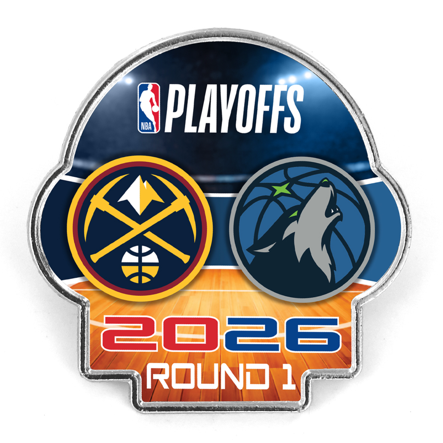A silver enamel collectible pin commemorating the 2026 NBA Playoffs Round 1 matchup between the Denver Nuggets and Minnesota Timberwolves. The pin features the NBA Playoffs logo at the top, circular team logos for the Nuggets and Timberwolves side-by-side over a basketball court background, and '2026 ROUND 1' printed across the bottom