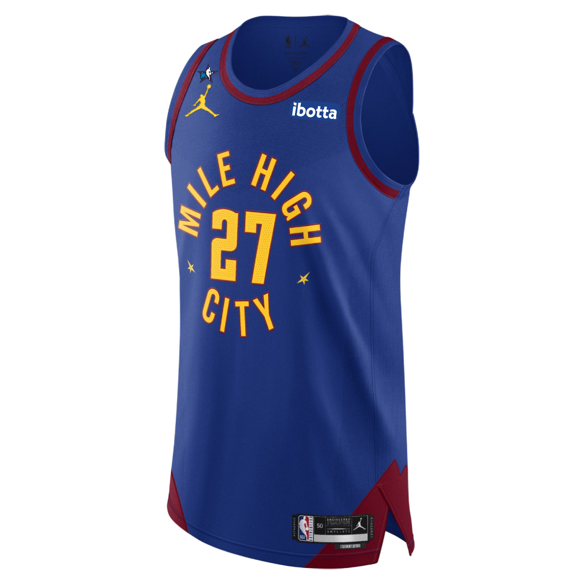 Front View, Royal Blue basketball jersey with 'Mile High City' in white and number '27' in gold, gold jumpman logo and Ibotta Sponsorship patch in white text and royal blue patch on a white background
