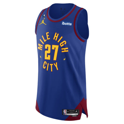 Front View, Royal Blue basketball jersey with 'Mile High City' in white and number '27' in gold, gold jumpman logo and Ibotta Sponsorship patch in white text and royal blue patch on a white background