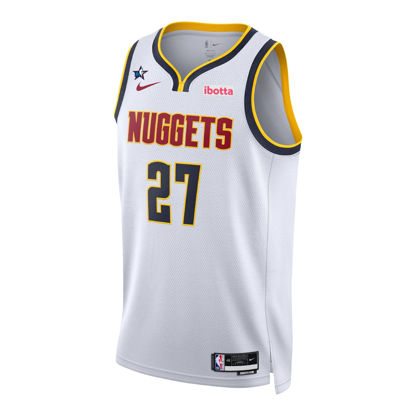 Front view of a white Denver Nuggets Jamal Murray jersey, displaying "Nuggets" and the number 27 in navy and red on the chest