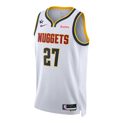 Front view of a white Denver Nuggets Jamal Murray jersey, displaying "Nuggets" and the number 27 in navy and red on the chest