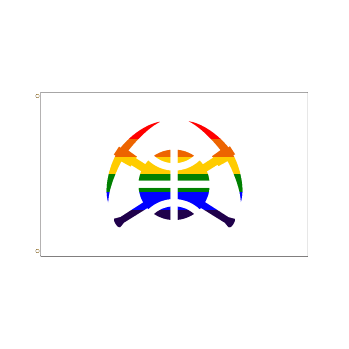Rainbow pickaxe basketball Nuggets logo. Red,Orange,Yellow,Green, Blue, Purple on white.