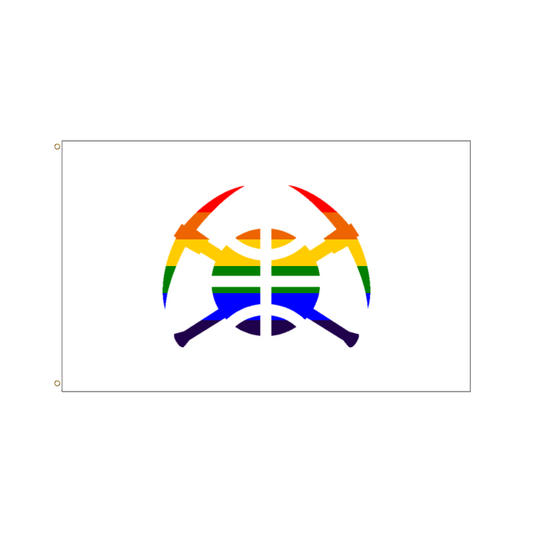 Rainbow pickaxe basketball Nuggets logo. Red,Orange,Yellow,Green, Blue, Purple on white.