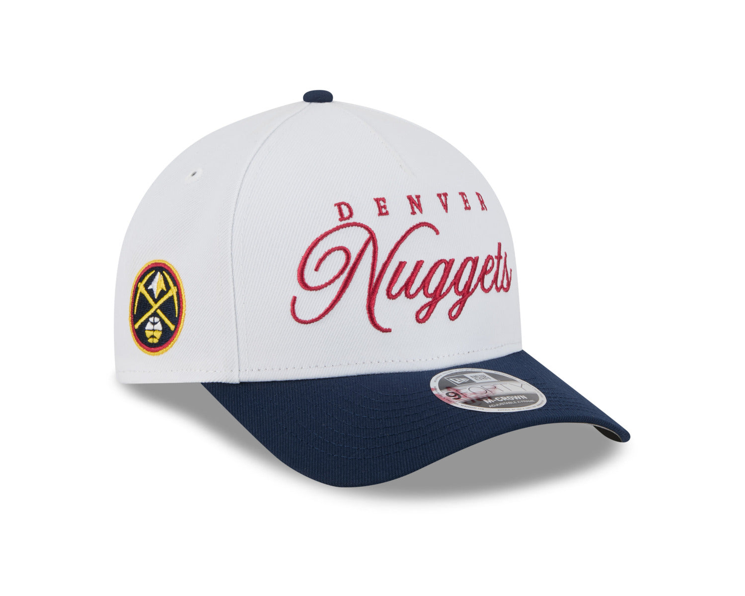 Hat for the 2025 draft, showcasing the Denver Nuggets logo in New Era's style 9-Forty design. White cap with navy bill, red script Denver Nuggets