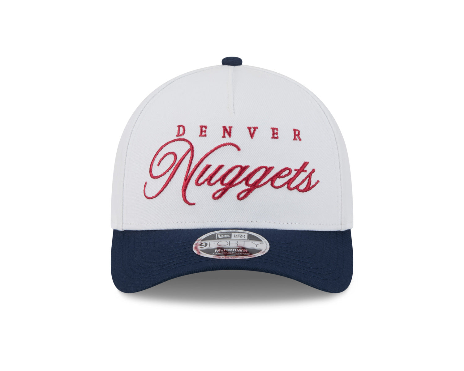 Hat for the 2025 draft, showcasing the Denver Nuggets logo in New Era's style 9-Forty design. White cap with navy bill, red script Denver Nuggets