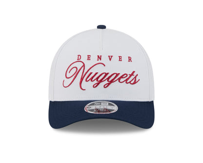 Hat for the 2025 draft, showcasing the Denver Nuggets logo in New Era's style 9-Forty design. White cap with navy bill, red script Denver Nuggets