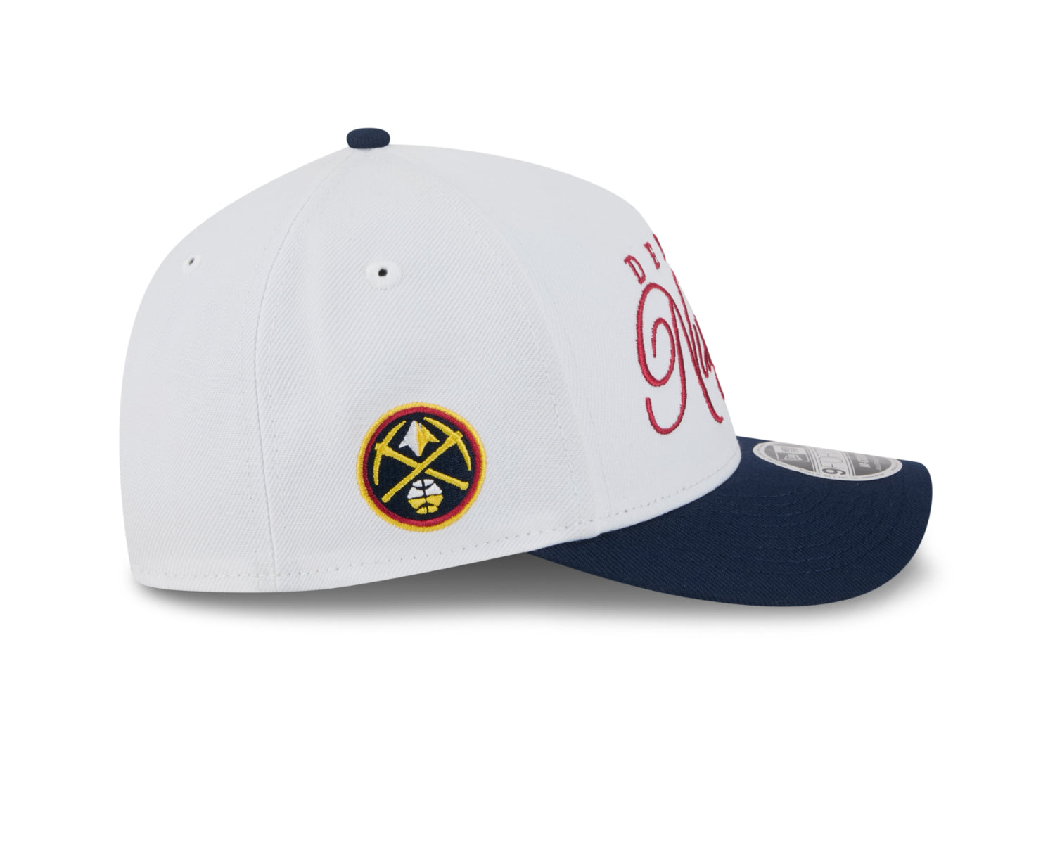 Hat for the 2025 draft, showcasing the Denver Nuggets logo in New Era's style 9-Forty design. White cap with navy bill, red script Denver Nuggets