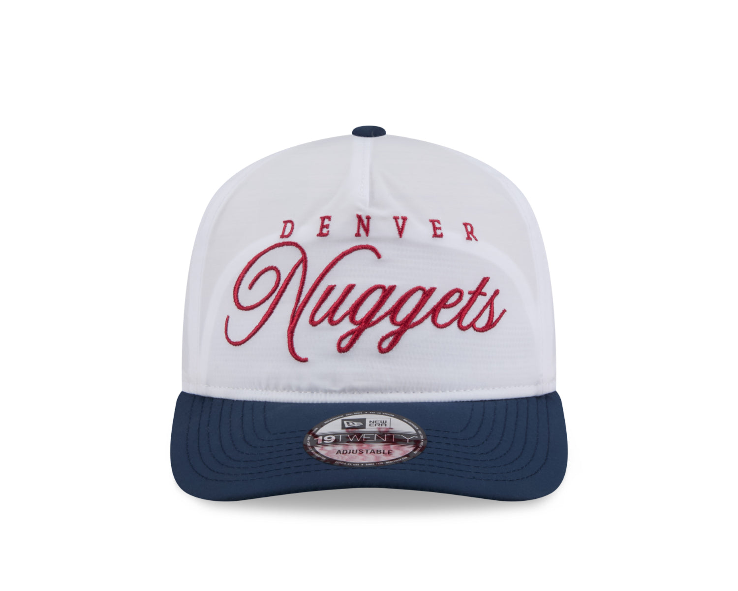 Hat for the 2025 draft, showcasing the Denver Nuggets logo in New Era's newest style 19Twenty design. White cap with navy bill, red script Denver Nuggets