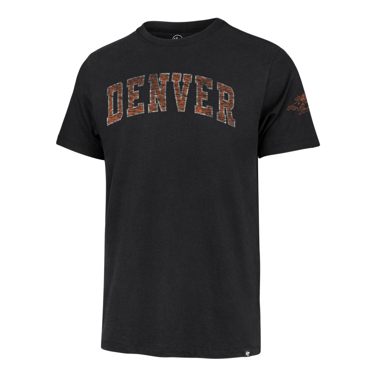 A black short-sleeve t-shirt featuring the word 'DENVER' printed in arched varsity block letters across the chest, filled with a faded orange and white outline pattern. A small '47' logo is visible on the bottom hem, and a small Denver Rockets logo is printed on the right sleeve.