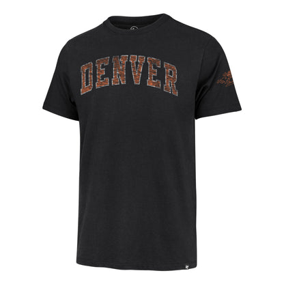 A black short-sleeve t-shirt featuring the word 'DENVER' printed in arched varsity block letters across the chest, filled with a faded orange and white outline pattern. A small '47' logo is visible on the bottom hem, and a small Denver Rockets logo is printed on the right sleeve.