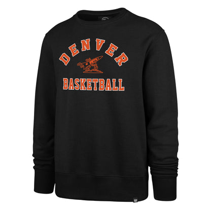 A black crewneck sweatshirt featuring an orange graphic on the chest that reads 'DENVER BASKETBALL' with a basketball player illustration, shown against a plain white background.