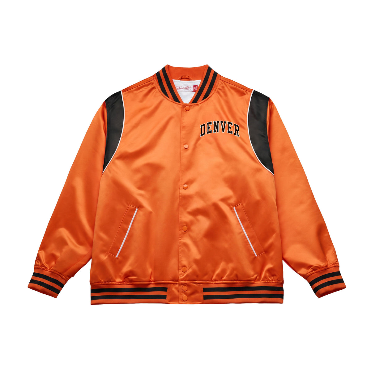 An orange satin varsity-style jacket with black ribbed trim, black shoulder panels, and 'DENVER' embroidered in navy on the chest, shown on a plain white background.