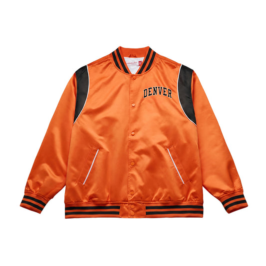 An orange satin varsity-style jacket with black ribbed trim, black shoulder panels, and 'DENVER' embroidered in navy on the chest, shown on a plain white background.