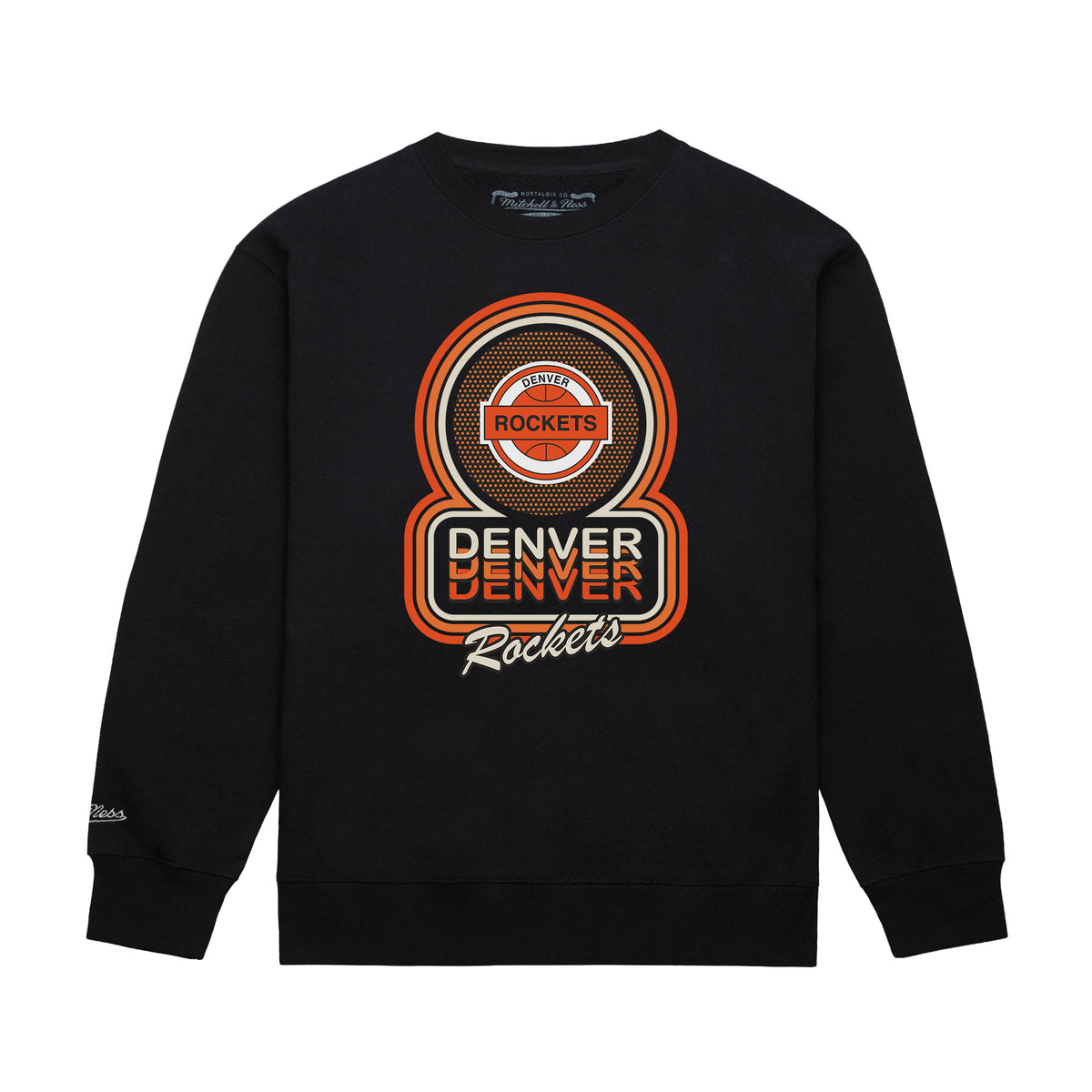 A black crewneck sweatshirt featuring a large graphic print on the front with the words 'Denver Rockets' in orange, white, and black, set against a plain white background.