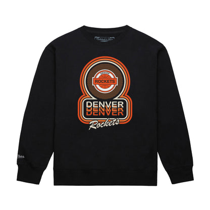 A black crewneck sweatshirt featuring a large graphic print on the front with the words 'Denver Rockets' in orange, white, and black, set against a plain white background.