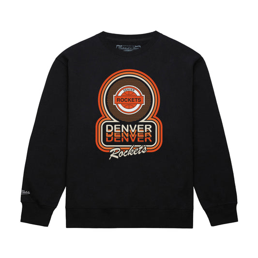 A black crewneck sweatshirt featuring a large graphic print on the front with the words 'Denver Rockets' in orange, white, and black, set against a plain white background.