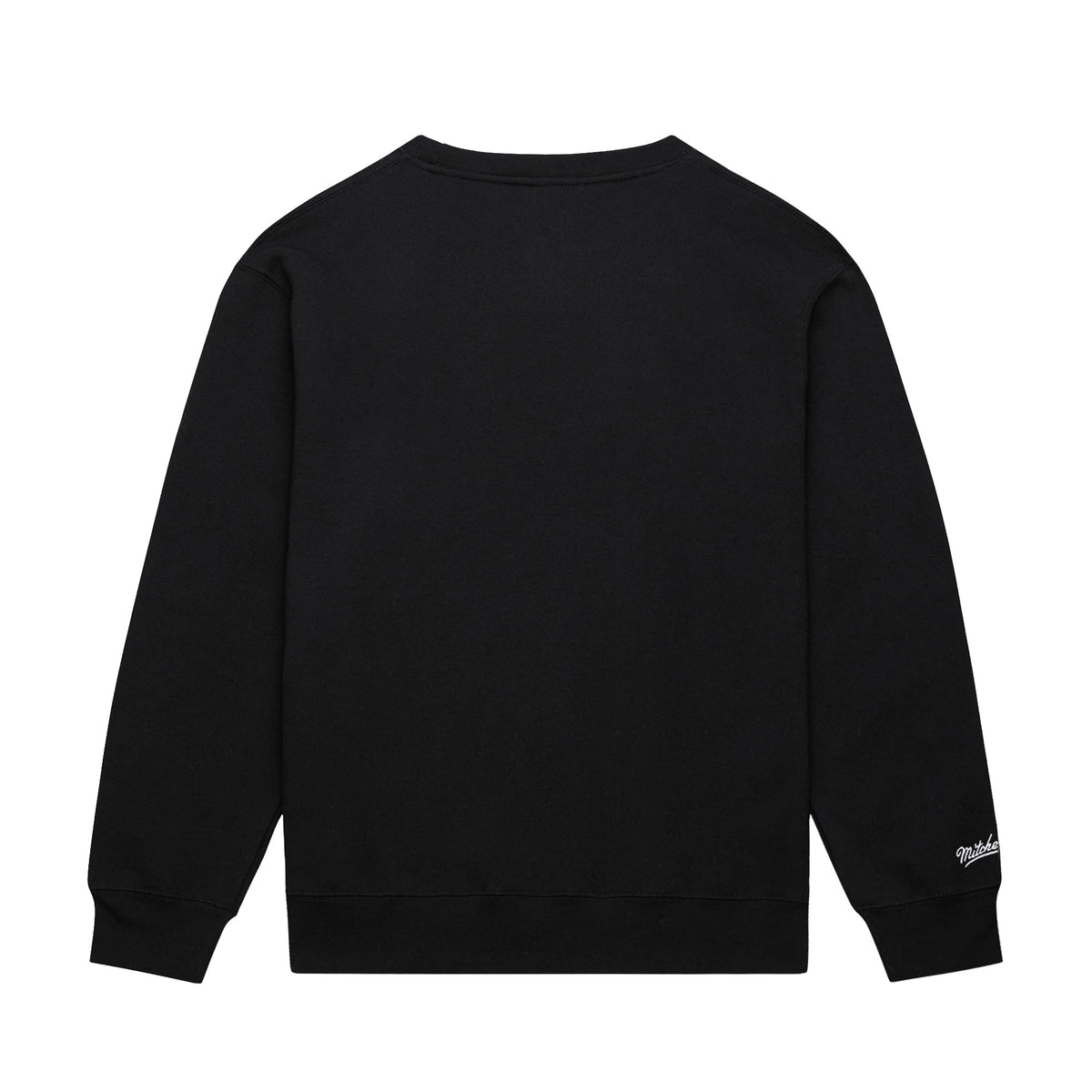 A black long-sleeve crewneck sweatshirt shown from the back, featuring a small white script logo on the left sleeve cuff, set against a plain white background.