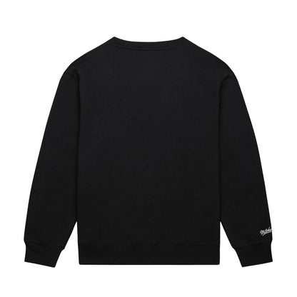A black long-sleeve crewneck sweatshirt shown from the back, featuring a small white script logo on the left sleeve cuff, set against a plain white background.