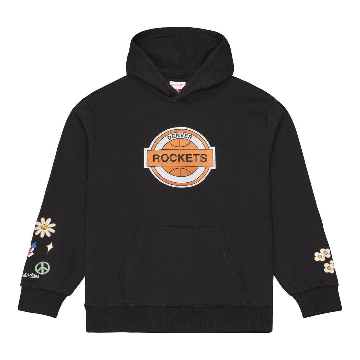 A black pullover hoodie featuring a circular orange, white, and gray 'Denver Rockets' graphic on the chest, with embroidered flowers and peace signs on both sleeves.