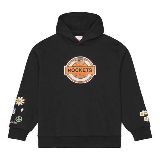 A black pullover hoodie featuring a circular orange, white, and gray 'Denver Rockets' graphic on the chest, with embroidered flowers and peace signs on both sleeves.