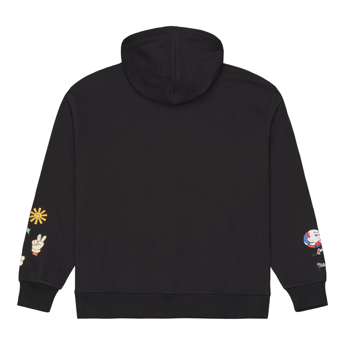 Black pullover hoody shown from the back, featuring colorful embroidered graphics on both sleeves, including a yellow flower, a peace sign hand, and a cartoon character.