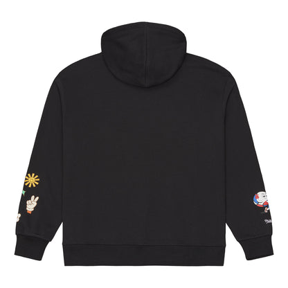 Black pullover hoody shown from the back, featuring colorful embroidered graphics on both sleeves, including a yellow flower, a peace sign hand, and a cartoon character.