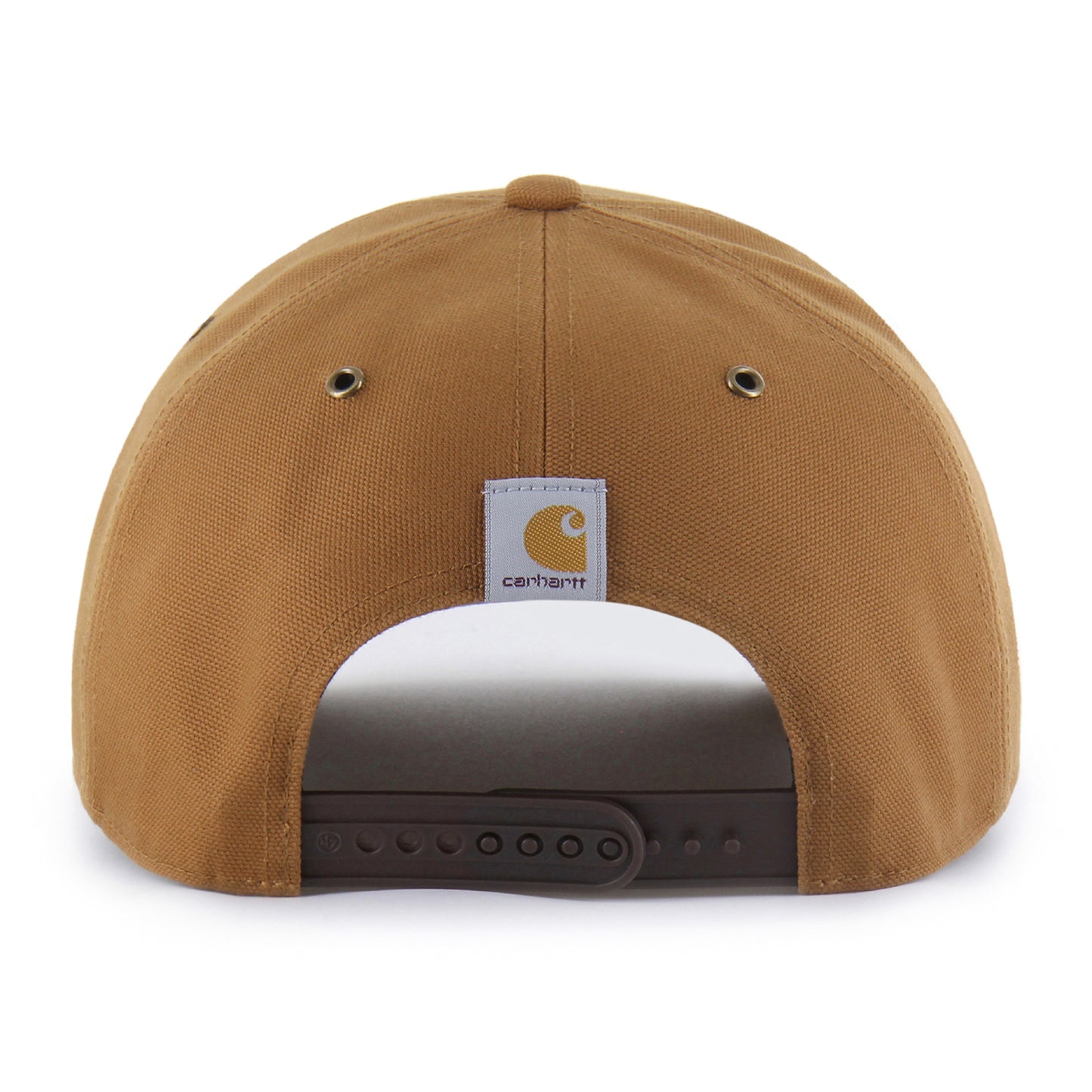 Rear view of a Carhartt snapback hat in a brown color, featuring the signature white brand patch on the back and a dark brown snapback.