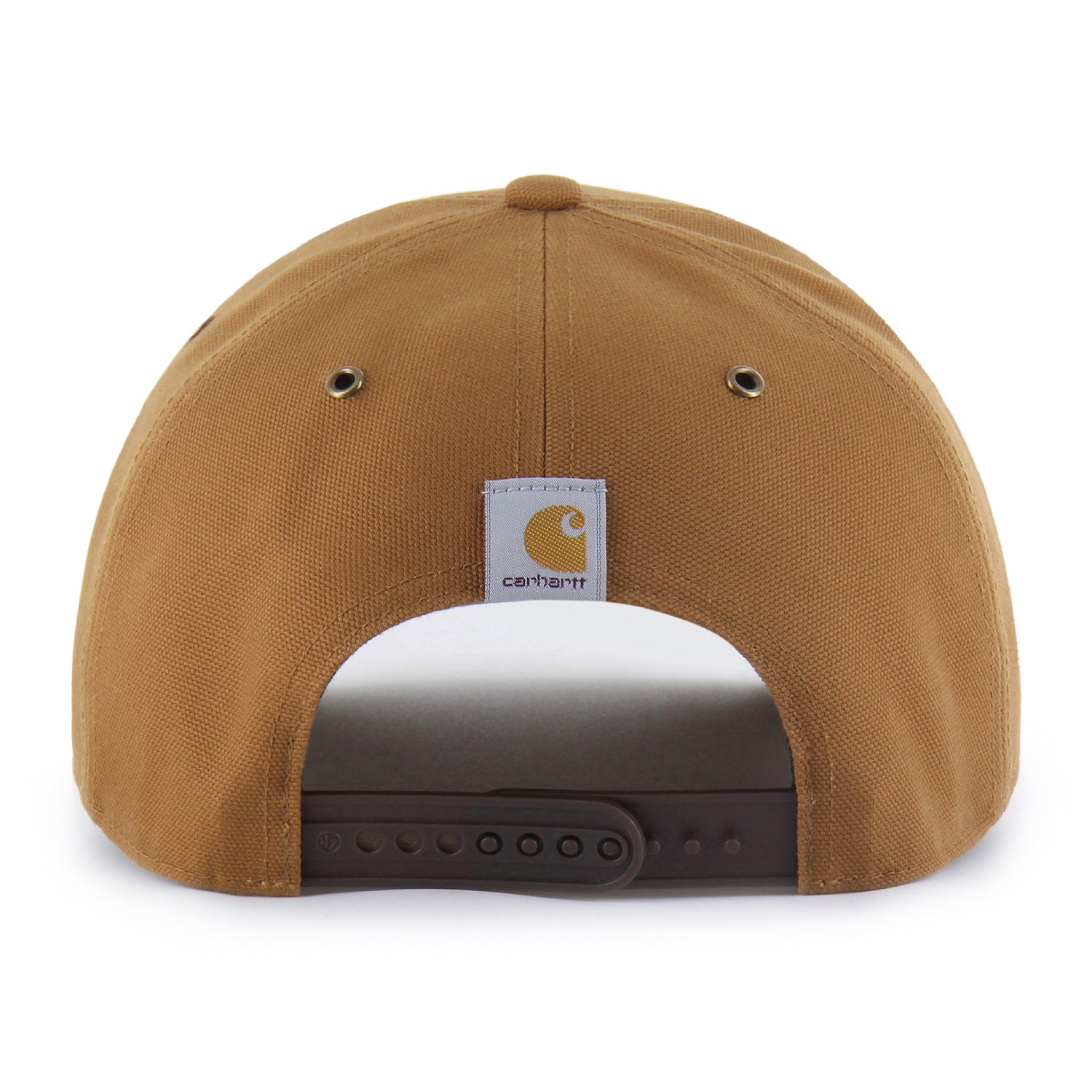 Rear view of a Carhartt snapback hat in a brown color, featuring the signature white brand patch on the back and a dark brown snapback.