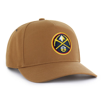 Front right view of a brown flat-brim hat featuring the Denver Nugget Primary logo embroidered on the front