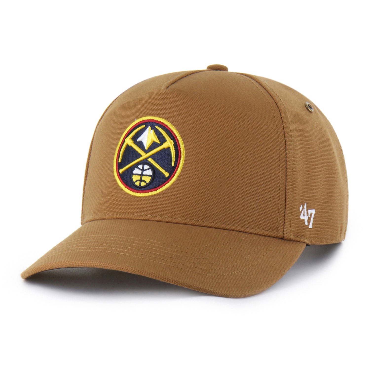 Front left view of a brown flat-brim hat featuring the Denver Nugget Primary logo embroidered on the front and a white '47 brand mark on the right side 
