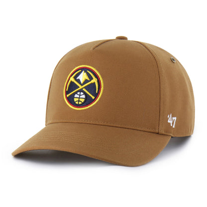 Front left view of a brown flat-brim hat featuring the Denver Nugget Primary logo embroidered on the front and a white '47 brand mark on the right side 