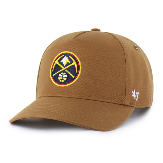 Front left view of a brown flat-brim hat featuring the Denver Nugget Primary logo embroidered on the front and a white '47 brand mark on the right side 