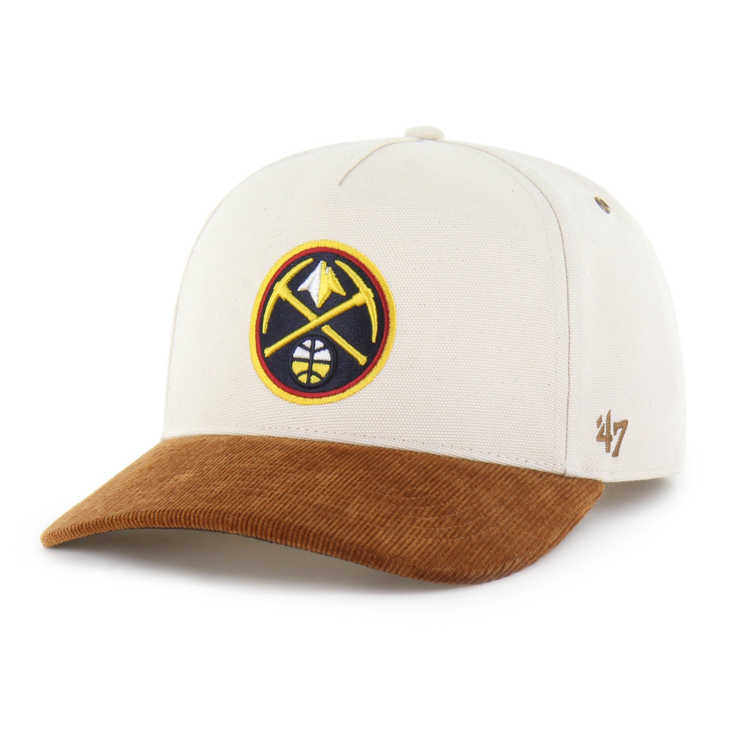 Front left view of a structured hat with an off-white crown, a brown corduroy brim, and a circular primary Nuggets logo on the front featuring crossed gold picks and a mountain, with a small '47' brand mark on the left side.