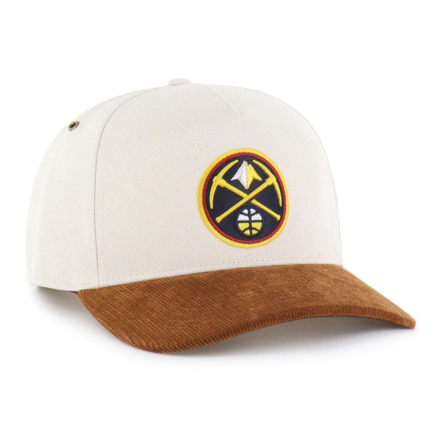 Front right view of a structured hat with an off-white crown, a brown corduroy brim, and a circular primary Nuggets logo on the front featuring crossed gold picks and a mountain