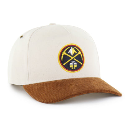 Front right view of a structured hat with an off-white crown, a brown corduroy brim, and a circular primary Nuggets logo on the front featuring crossed gold picks and a mountain